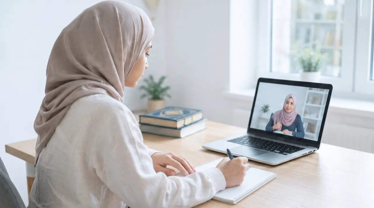 Student taking notes during an online lesson at home