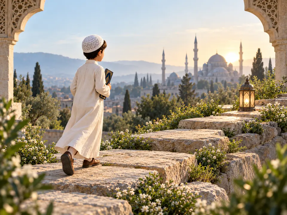A young Muslim boy carrying a Qur'an as he follows a calm path forward